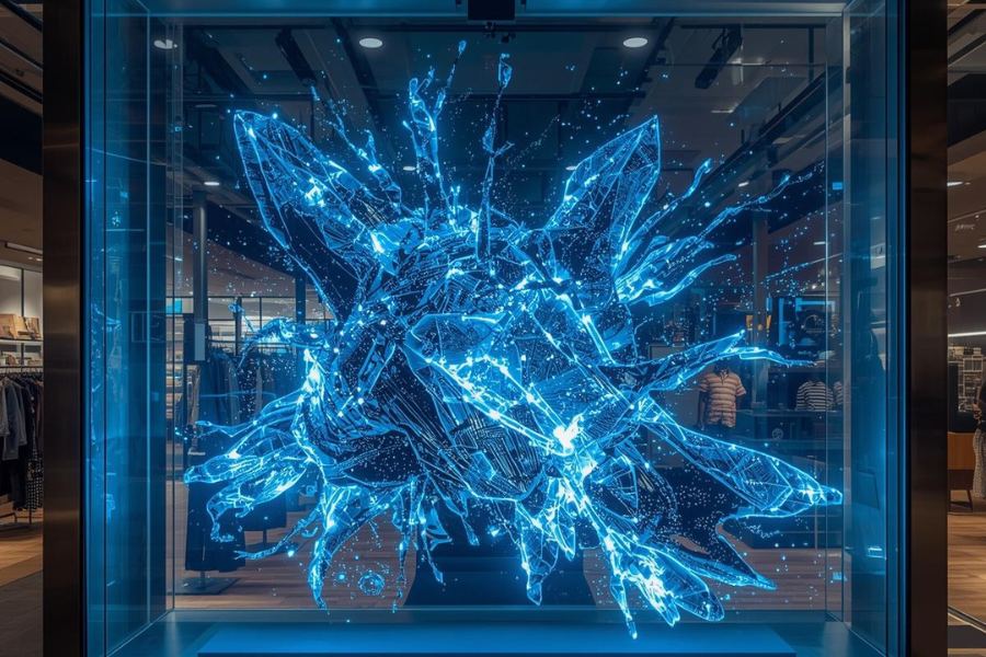 transparent OLED display showing digital content over real objects in a retail window