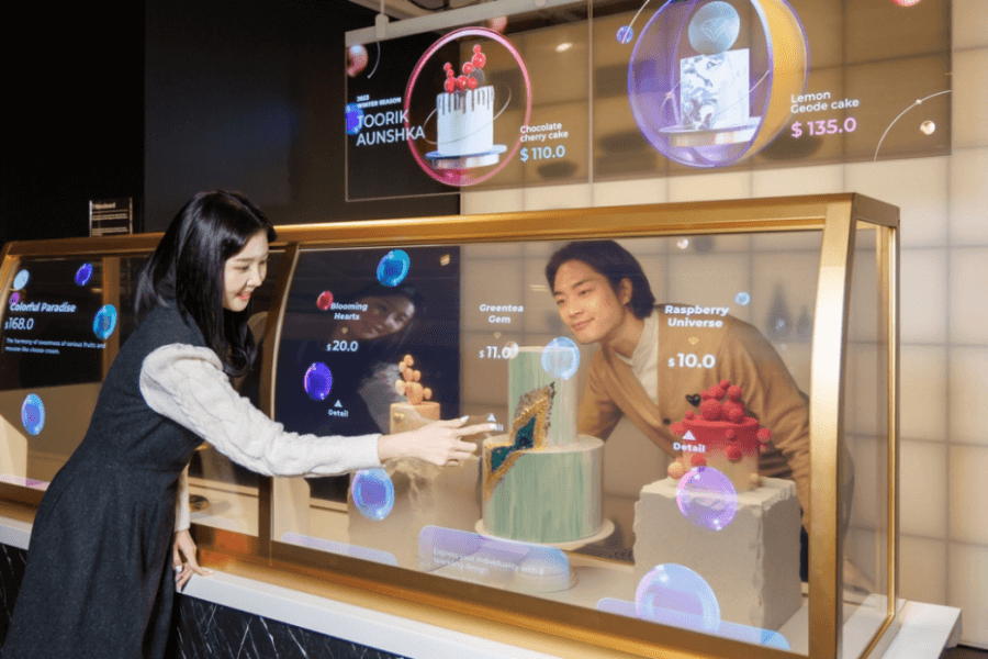 Transparent OLED used in retail storefronts for product display and digital overlays.