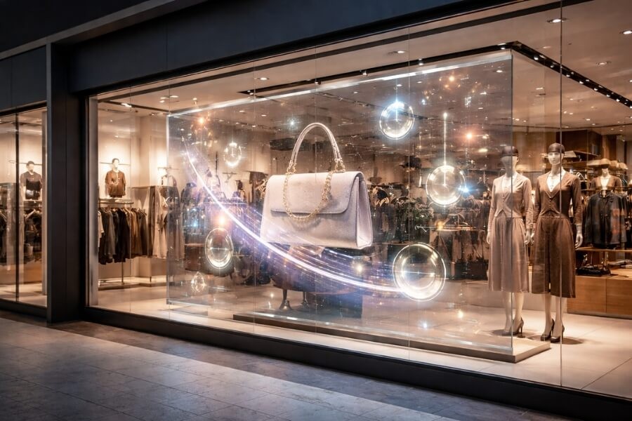 interactive window display with transparent screen on retail storefront