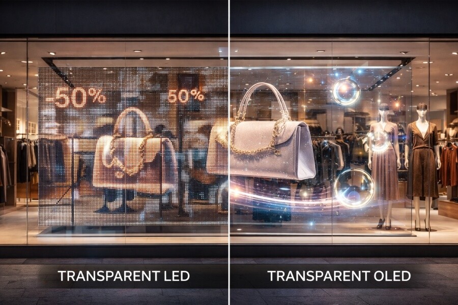 comparison of interactive window display technologies including touch foil projection and transparent oled