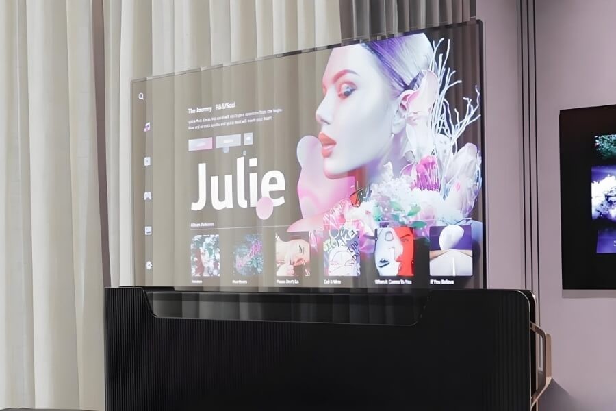 transparent oled display showing digital content while maintaining glass transparency