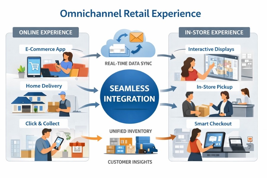 Omnichannel retail integration showcasing seamless transition between online shopping and in-store experience.