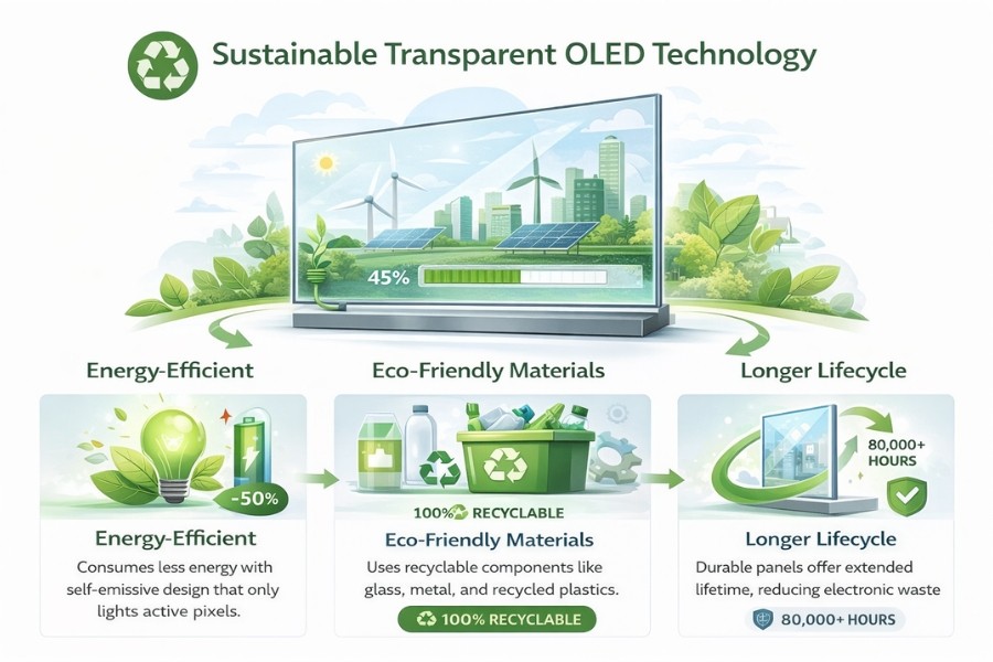 Sustainable transparent OLED display design highlighting energy efficiency and eco-friendly materials.