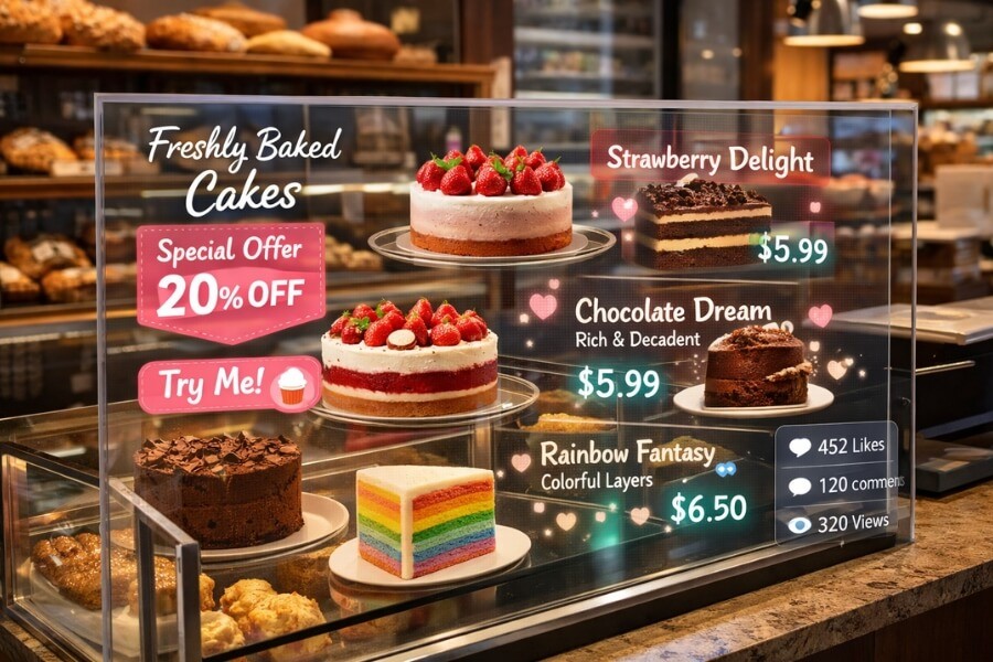 Luxury retail store with transparent OLED displays enhancing brand storytelling and product presentation.