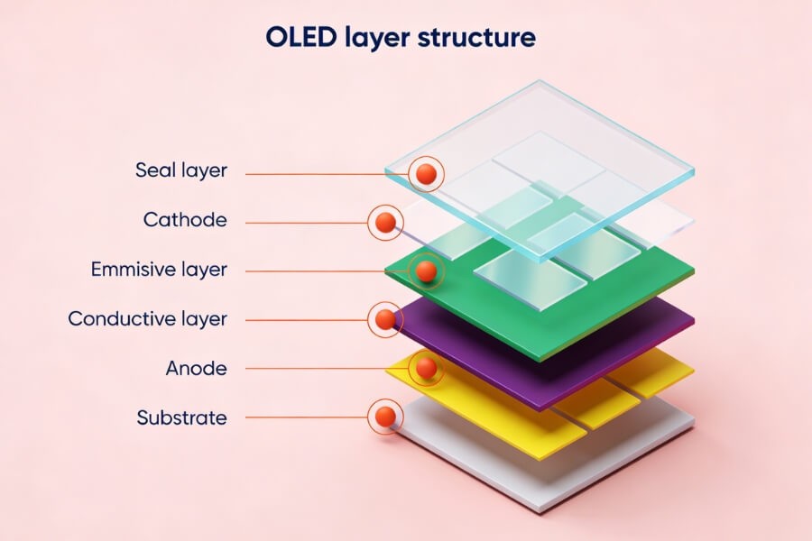 Diagram showing the technology behind transparent OLED displays, highlighting self-emissive pixels and transparent electrodes.
