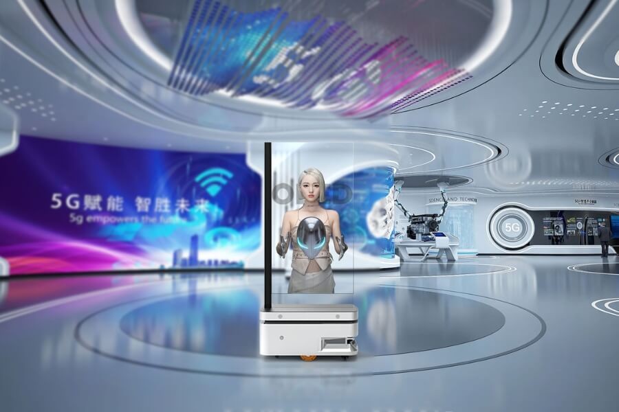 Futuristic display with transparent OLED and AI integration, dynamically adjusting content based on user behavior and preferences.