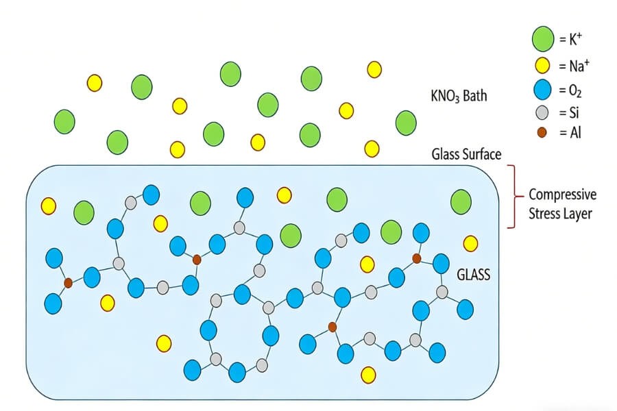 chemical strengthening process of display glass using ion exchange in TFT LCD panels
